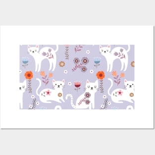 Cats pattern with flowers Posters and Art